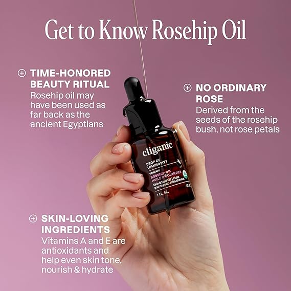 Cliganic Organic Rosehip Seed Oil for Face, 100% Pure | Natural Cold Pressed Unrefined Non-GMO | Carrier Oil for Skin