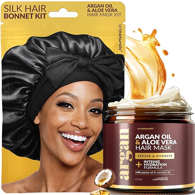 Hair Mask + Silk Bonnet for Sleeping Women Set - Deep Conditioner & Leave-In Conditioner for Dry, Damaged Hair - Argan Oil, Jojoba, Aloe & Keratin - Satin Bonnet for Sleeping, Repair & Hydrate (8 oz)