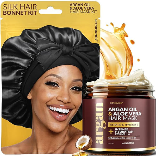 Hair Mask + Silk Bonnet for Sleeping Women Set - Deep Conditioner & Leave-In Conditioner for Dry, Damaged Hair - Argan Oil, Jojoba, Aloe & Keratin - Satin Bonnet for Sleeping, Repair & Hydrate (8 oz)