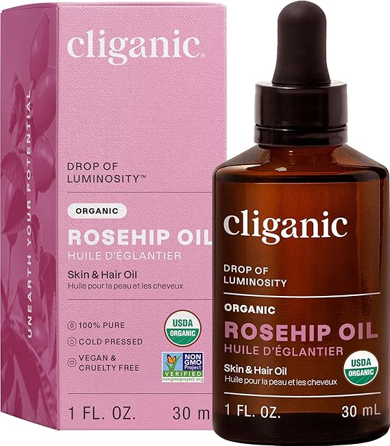 Cliganic Organic Rosehip Seed Oil for Face, 100% Pure | Natural Cold Pressed Unrefined Non-GMO | Carrier Oil for Skin